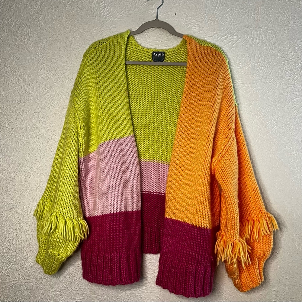 Colorful Patchwork Open Cardigan with Tassel Sleeves